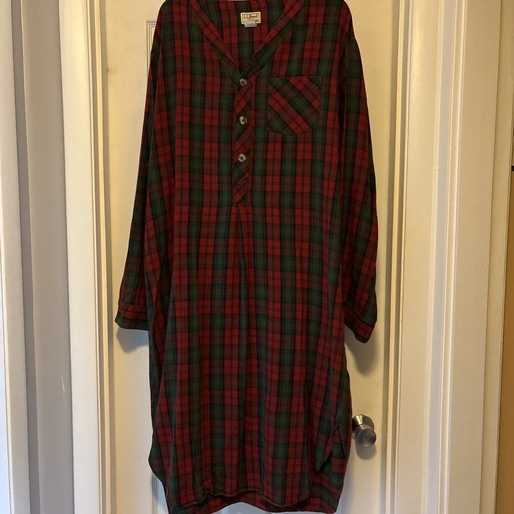 Vtg LL Bean Night Shirt Red Green Scotch Plaid Flannel PJ's Grandpacore Large
